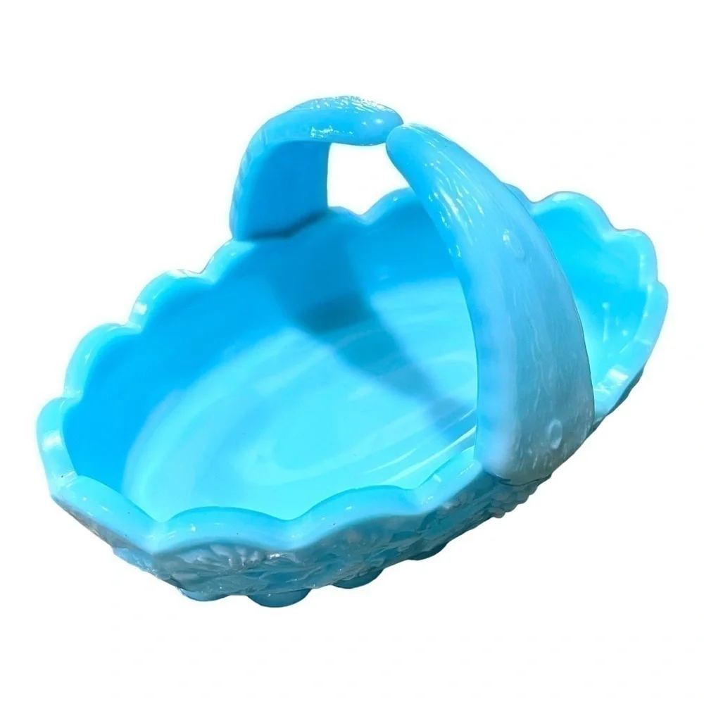 VINTAGE, WESTMORLAND, SATIN BLUE CUSTARD BASKET WITH SPLIT HANDLE.